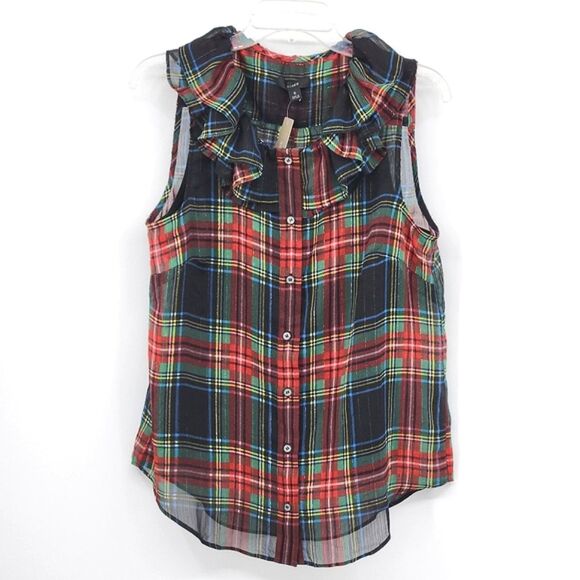 J Crew Sleeveless Ruffle Collar Top Womens Small Black Stewart Tartan Plaid - Picture 2 of 12